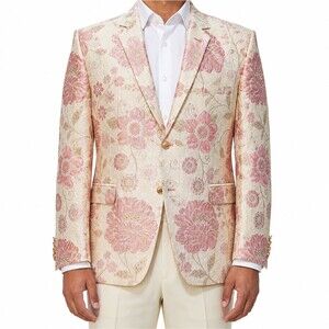 Mens 46R Cream Pink Floral Jacquard Blazer Wedding Tuxedo Groom Dinner Jacket